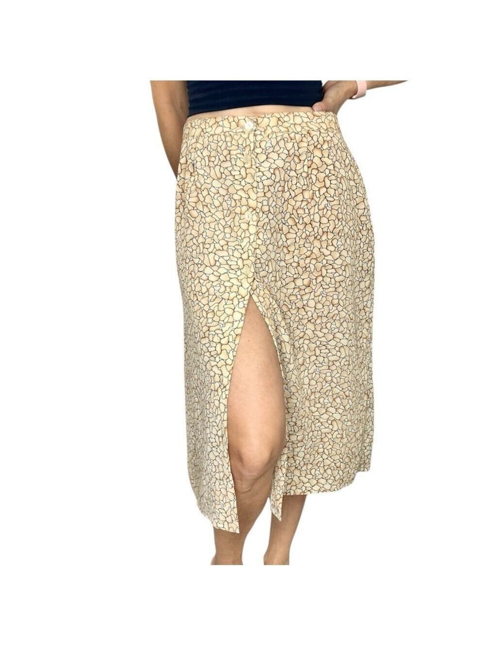 Vintage 90s neutral beige sand tan abstract geometric print midi skirt